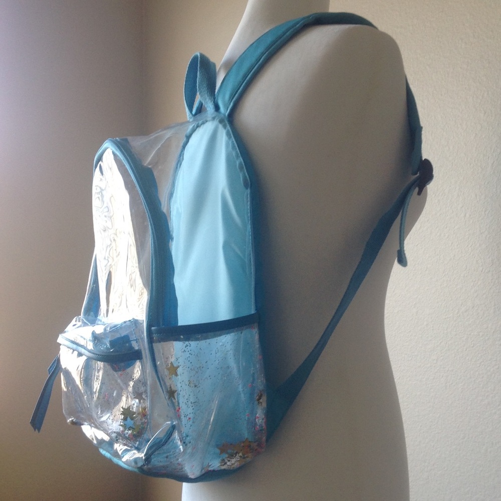 Star Confetti Clear baby blue teal backpack